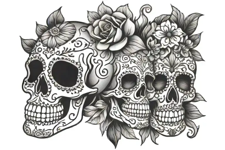 sugar skulls, flowers, mexican folk art tattoo design idea