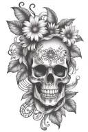 music notes flowing with daisy skull tattoo design idea
