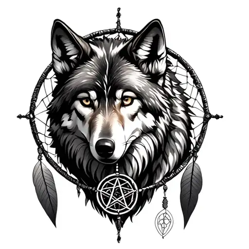 wolf and dreamcatcher with pentagram surrounded tattoo design idea