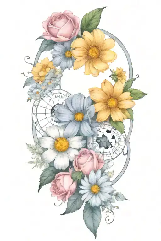 An intricate tattoo of a boquet of roses, daisys, and cosmos flowers intertwined with the three moon phases tattoo design idea