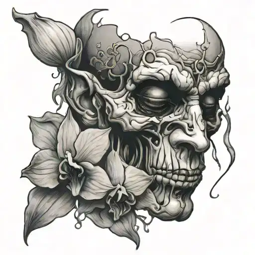 Hollow eyed evil man close up face morphing into rotting blooming orchids tattoo design idea