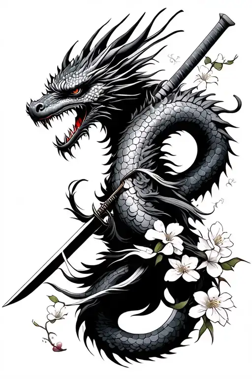 samurai with dragon with cherry blossoms with sword throught the head  tattoo design idea