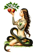 eve from the bible taking an apple from the tree of knowledge, snake wrapped around her tattoo design idea