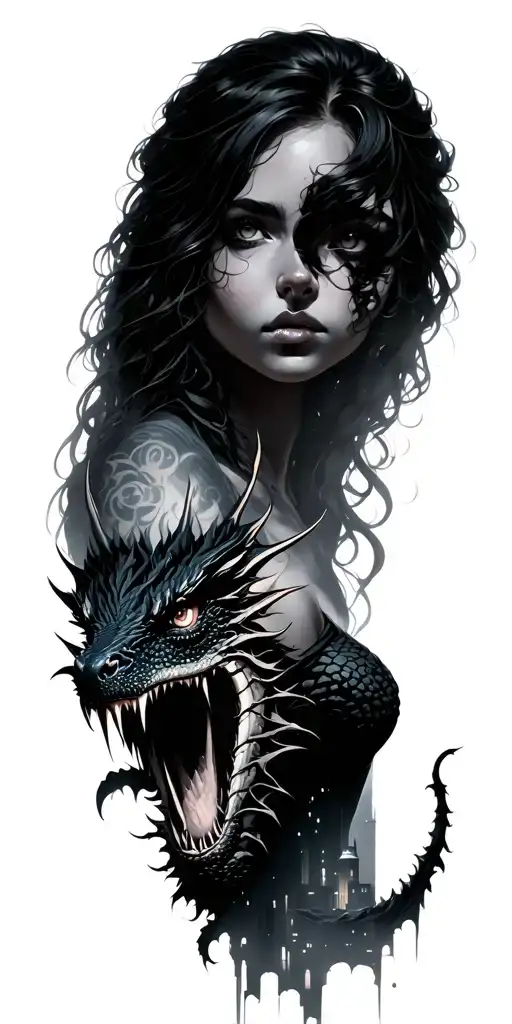 Destroyed city, dragon and beautiful girl tattoo design idea