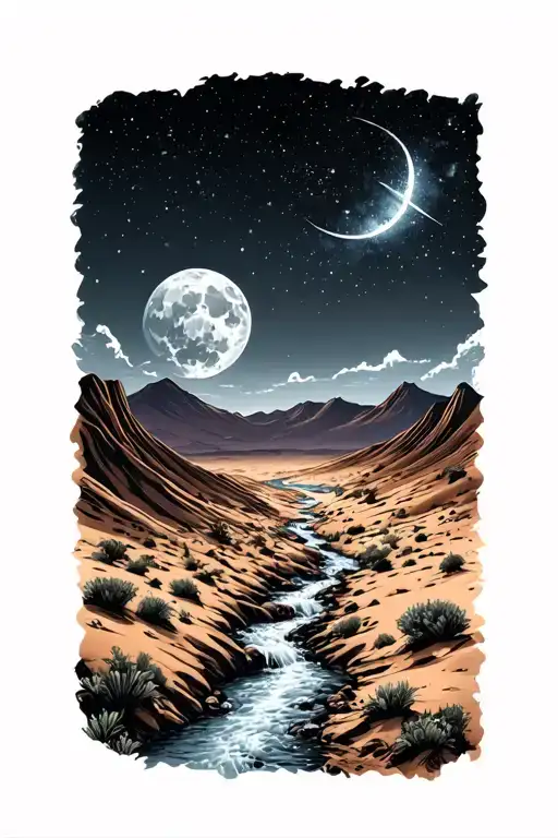 desert scene at night with stars and a stream flowing tattoo design idea