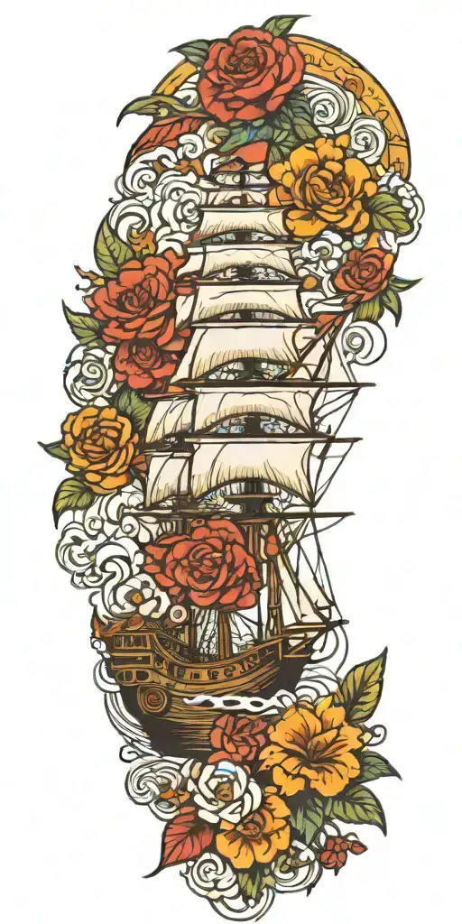 clipper ship, crazy Sal, flowers, eagle soaring tattoo design idea