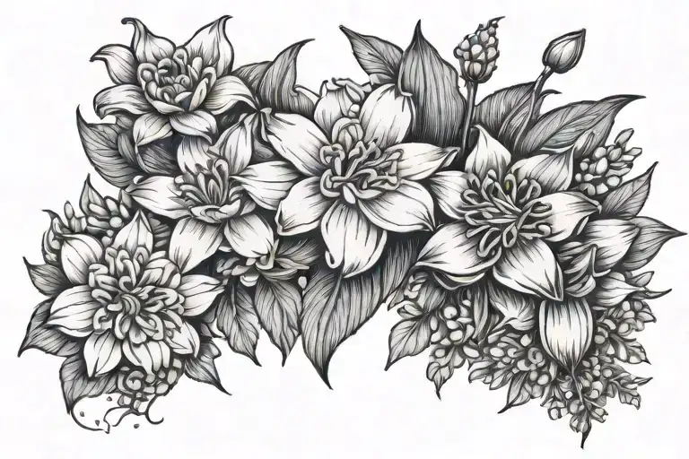 5 flowers in a row. Marigold, Daffodil, Lily of the Valley, Water Lily, Water Lily tattoo design idea