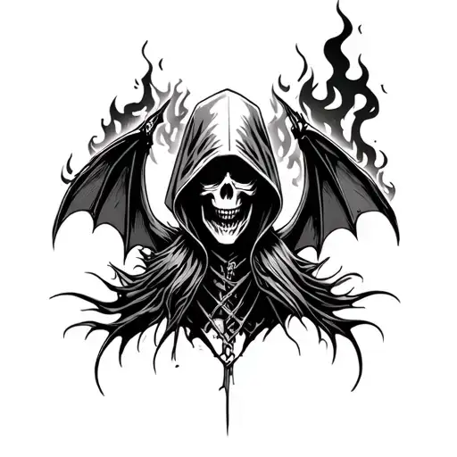 Hooded Reaper Silohuette, Smoke, Fire, Scary, Bat Wings Tattoo tattoo design idea
