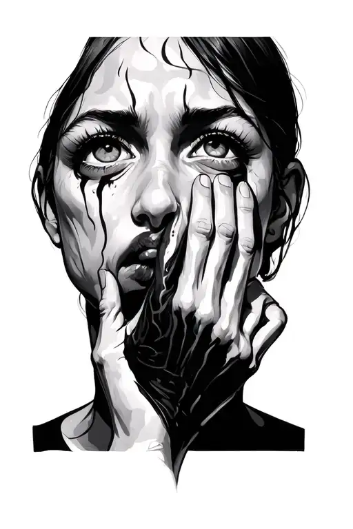 crying face, right eye coverd with hand tattoo design idea