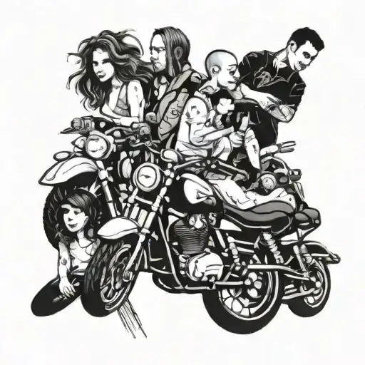 Illustrate a portrait of your wife and kids surrounded by a border of car and motorcycle parts, symbolizing your favorite things in life tattoo design idea