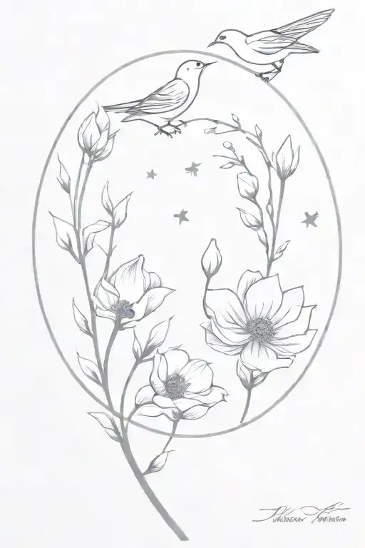 moon flowers wrapped with 3 birds coming tattoo design idea