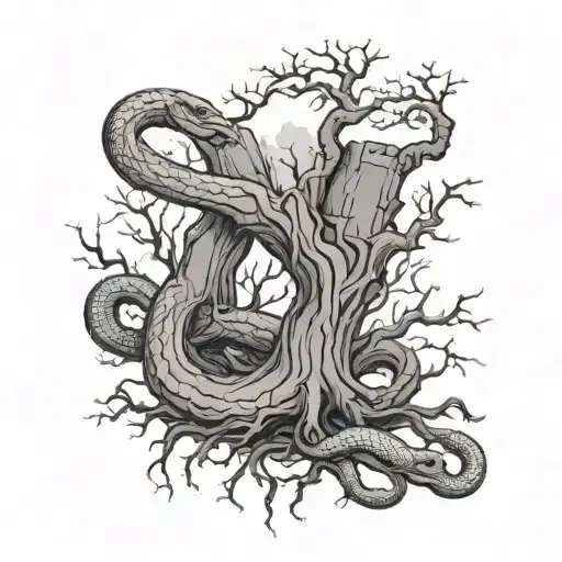 a dead tree being suffocated by a snake tattoo design idea