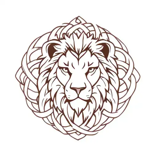 A minimalist lion’s head inside a subtle Celtic knot design. The lion should have sharp, clean lines, with its mane flow tattoo design idea
