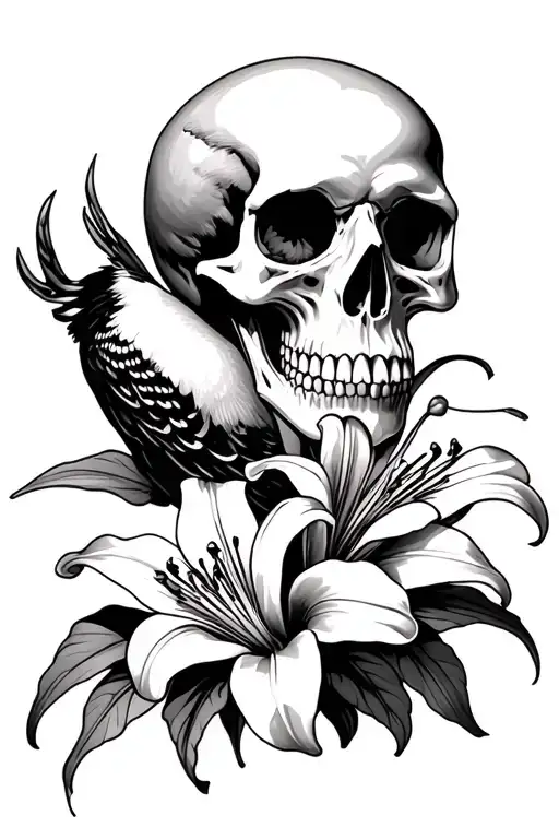 skull, lilies, woodpecker tattoo design idea