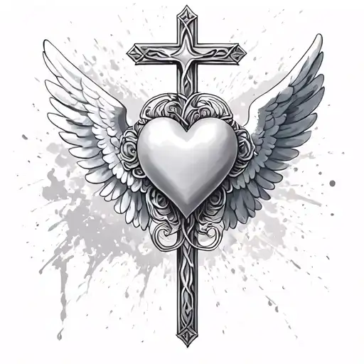 cross with heart in the middle and angel wings  tattoo design idea