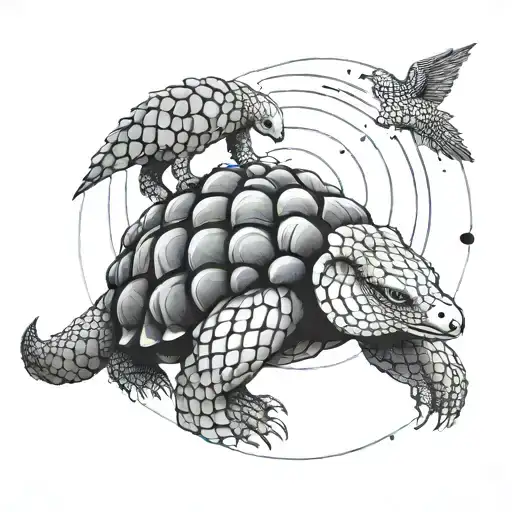 An abstract tattoo of a pangolin and a tortoise morphed together, symbolizing resilience and adaptability in the fast-paced world of F1 racing tattoo design idea
