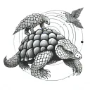 An abstract tattoo of a pangolin and a tortoise morphed together, symbolizing resilience and adaptability in the fast-paced world of F1 racing tattoo design idea