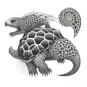 An abstract tattoo of a pangolin and a tortoise morphed together, symbolizing resilience and adaptability in the fast-paced world of F1 racing tattoo design idea