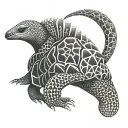 An abstract tattoo of a pangolin and a tortoise morphed together, symbolizing resilience and adaptability in the fast-paced world of F1 racing tattoo design idea