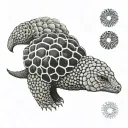 An abstract tattoo of a pangolin and a tortoise morphed together, symbolizing resilience and adaptability in the fast-paced world of F1 racing tattoo design idea