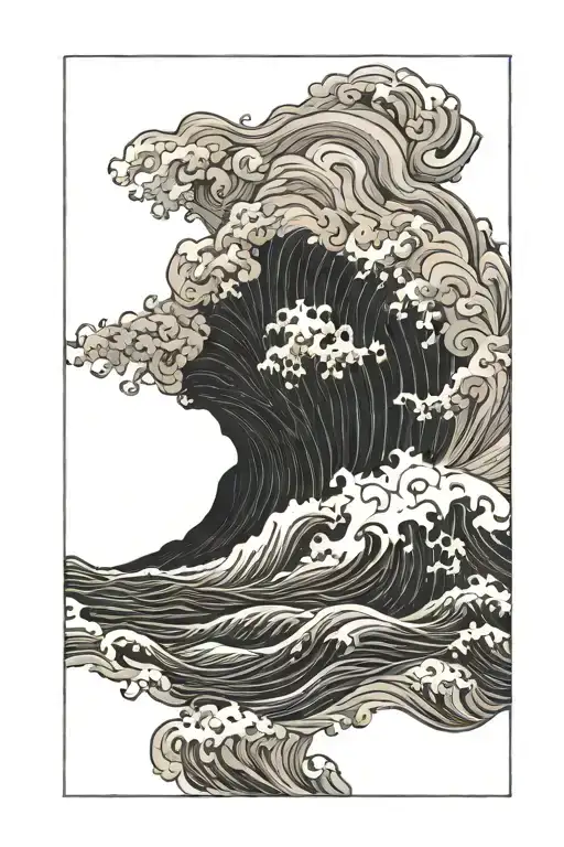 inside a black rectangle frame a realistic scene of dark stormy ocean with high contrast  tattoo design idea