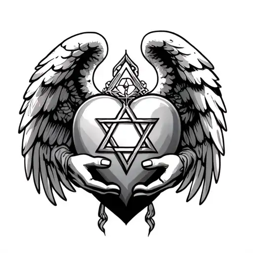 angel holding a heart with the Star of David in it tattoo design idea