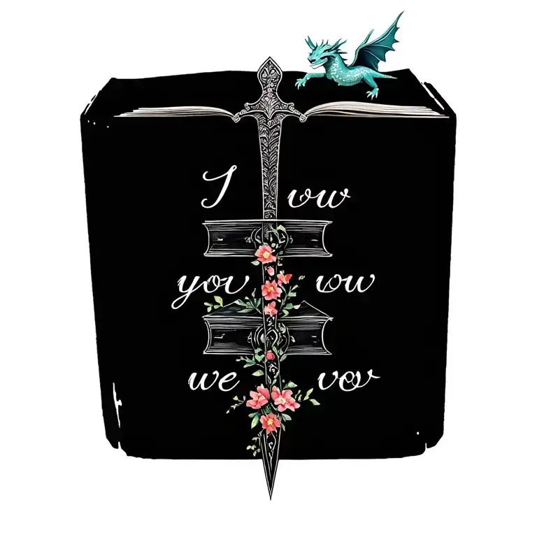 "I vow you vow we vow" Fine-line dagger through stacked books with flowers and vines, open book on top, small flying dragon above. Fantasy styl tattoo design idea