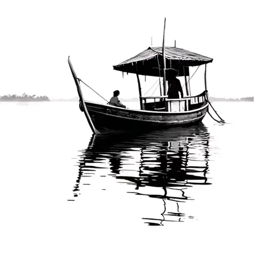 vietnamese fishing boat with a small deck. it in the distance in calm water with no in the background woman sitting in tattoo design idea