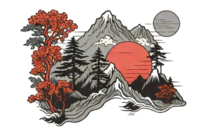 mountain range with small trees in black and grey. with a red sun rising  tattoo design idea