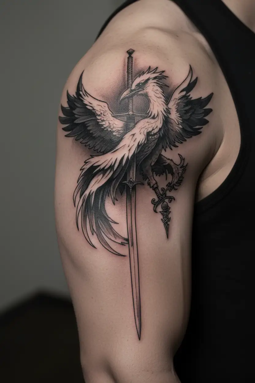 sword and a phoenix with discipline symbolism  tattoo design idea