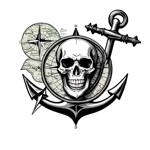 compass rose and anchor with a map and skull tattoo design idea
