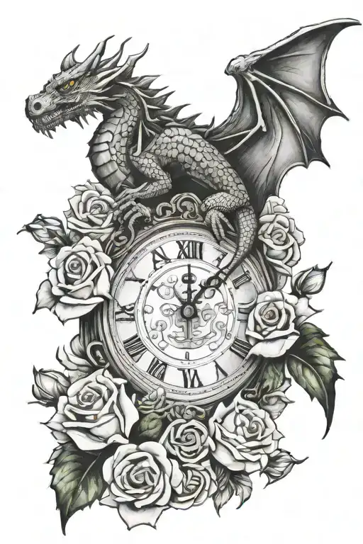 roman clock with a dragon with roses with something related to family covering the spaces arms with clouds and god tattoo design idea
