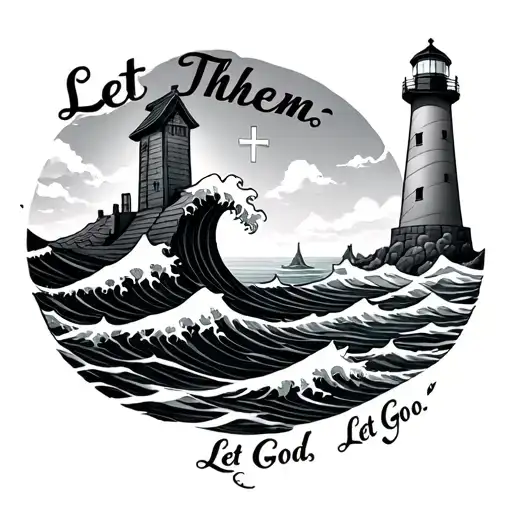 Text Saying "Let Them" "Let God" "Let Go" Drawings of waves, cross. snd lighthouse tattoo design idea