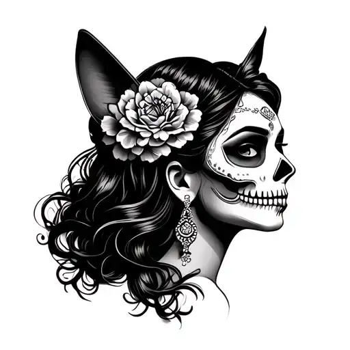 Mexican Catrina woman face profile holding tattoo design idea