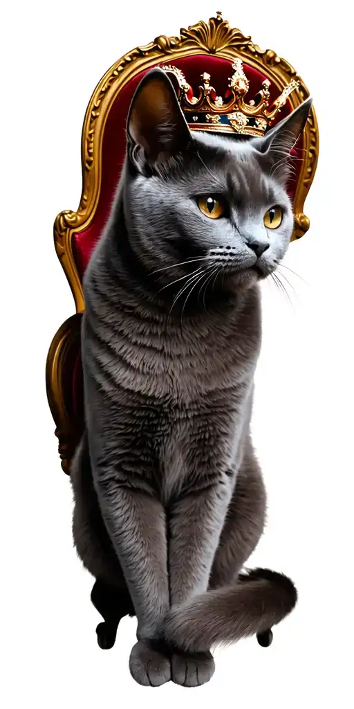 RUSSIAN BLUE CAT ON THRONE WITH CROWN tattoo design idea