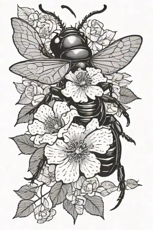 Stag beetle with open wings and a camellia flower coming out of its back tattoo design idea
