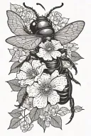 Stag beetle with open wings and a camellia flower coming out of its back tattoo design idea