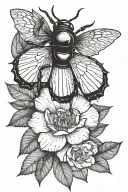 Stag beetle with open wings and a camellia flower coming out of its back tattoo design idea