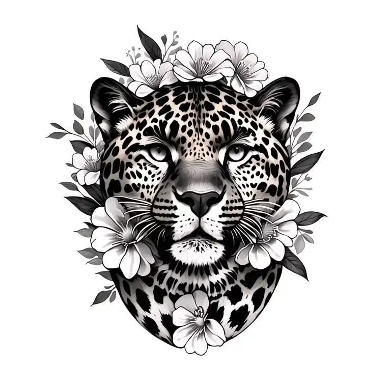 leopard print and flowers surrounding tattoo design idea
