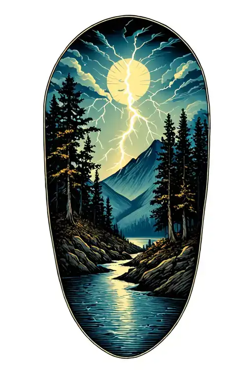 Thunderstorm, Mountain, river, trees, night sky tattoo design idea