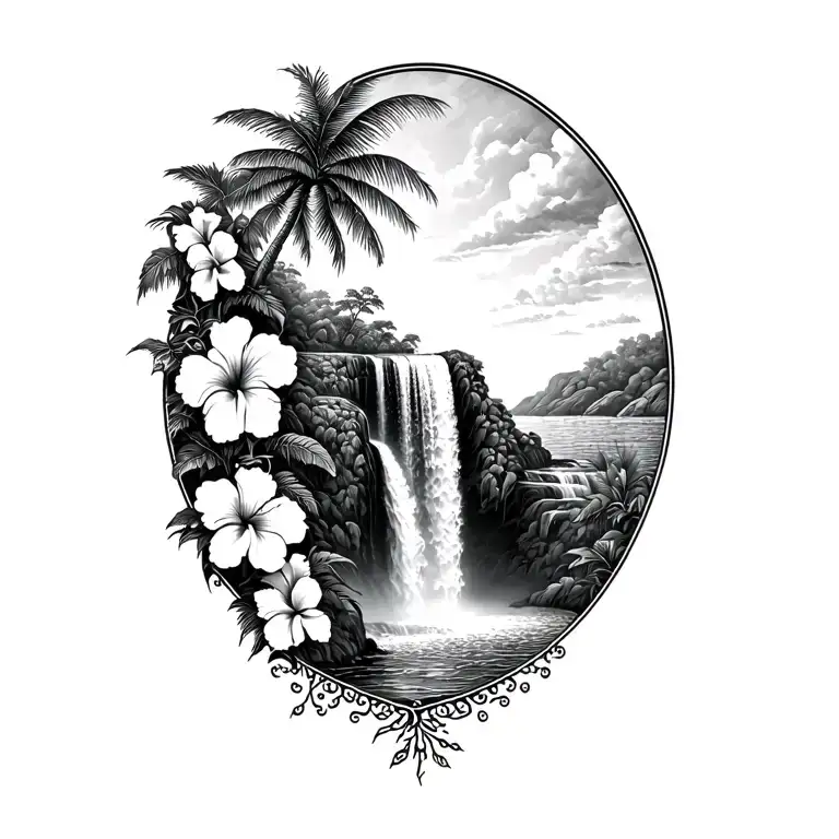 hawaiin waterfall with hibiscus vine and palm tree tattoo design idea