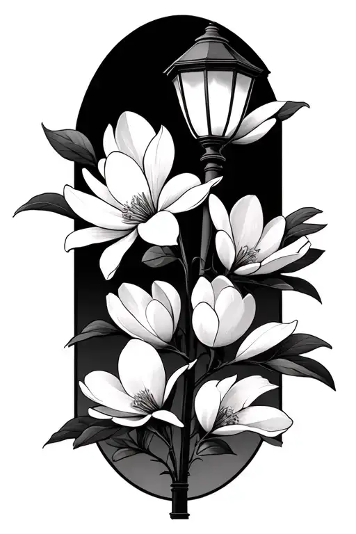 magnolia flowers with stem and street light tattoo design idea