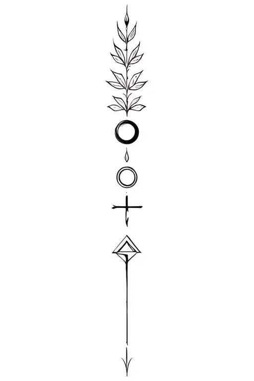 A vertical forearm line down the center with a sequence of stacked symbols of leaf,broken circle,triangle/lambda, cross tattoo design idea