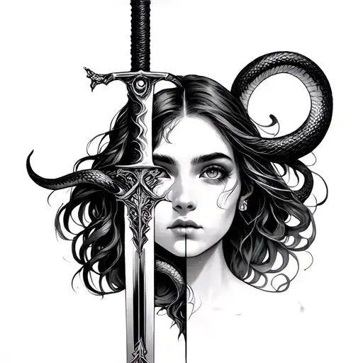 equally split girl face with sword snake tattoo design idea
