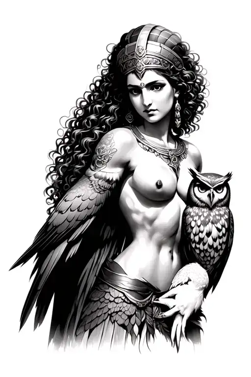 beautiful goddess athena with curly hair looking brave with her owl tattoo design idea