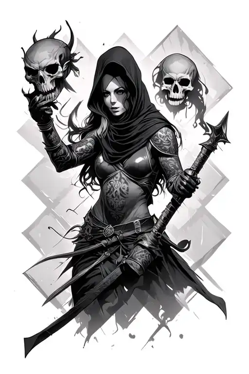 hooded female warrior defeating dark demon skull wearing, with geometric gothic background tattoo design idea