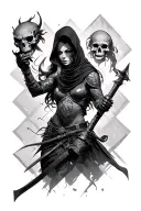 hooded female warrior defeating dark demon skull wearing, with geometric gothic background tattoo design idea