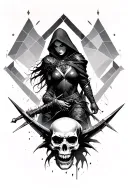 hooded female warrior defeating dark demon skull wearing, with geometric gothic background tattoo design idea