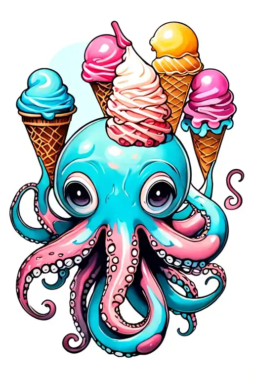 Kintsugi Octopus holding various Icecreams tattoo design idea