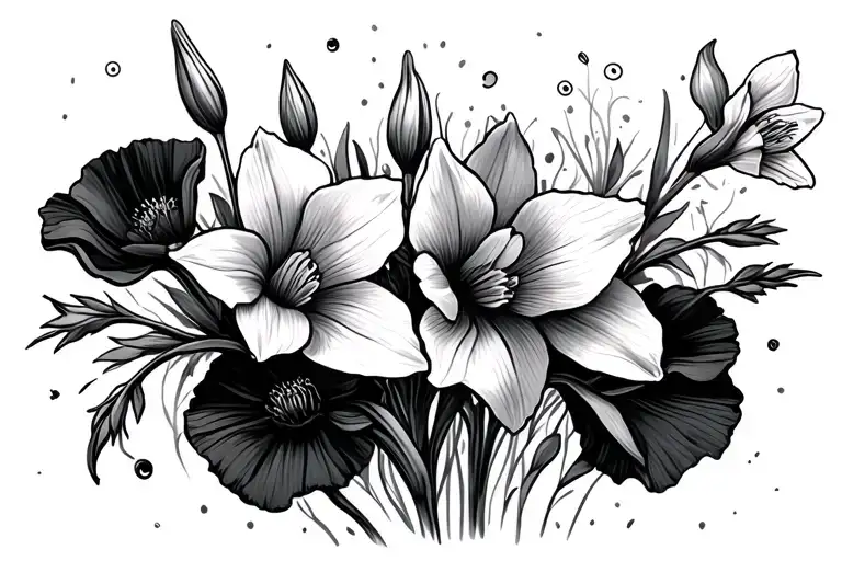gladiolus and Narcissus flowers on a bed of poppies tattoo design idea